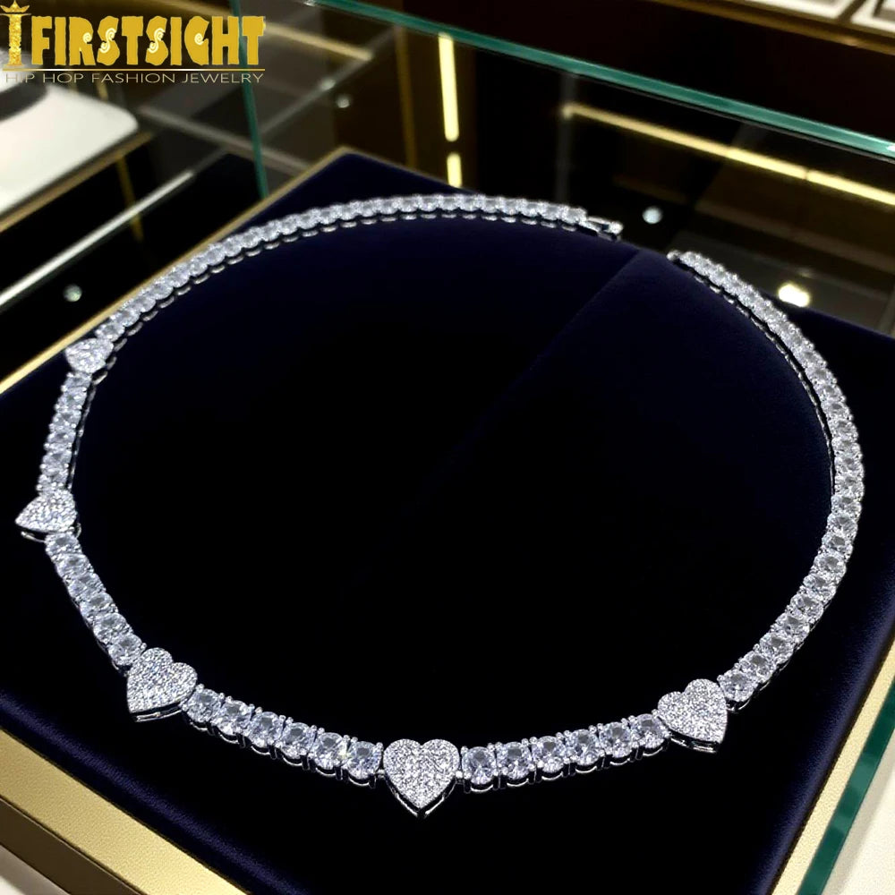 2025 New Iced Out Bling Heart Pendant Necklace Silver Color AAA Zircon 5mm Tennis Chain Charm Women Men Hip Hop Fashion