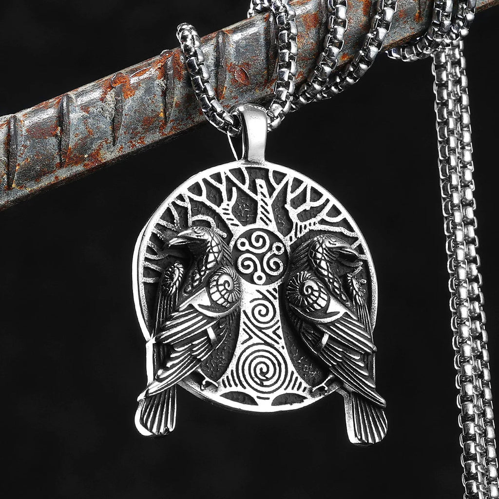 Viking Tree Raven Pendant Necklace — Stainless Steel
