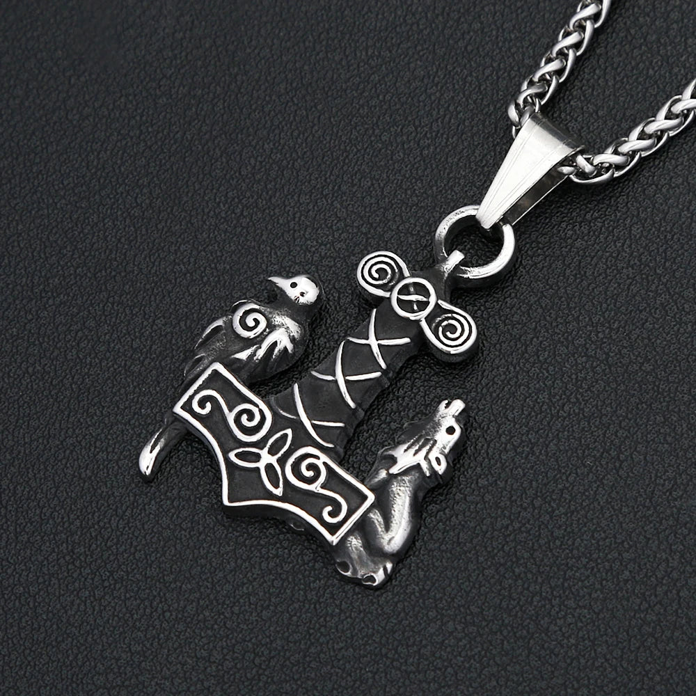 Viking Thor Hammer Wolf Pendant — Stainless Steel