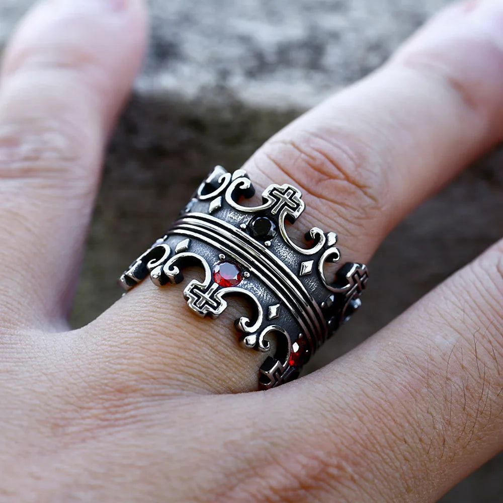 Cross Crown Ring with Red Stones — SS