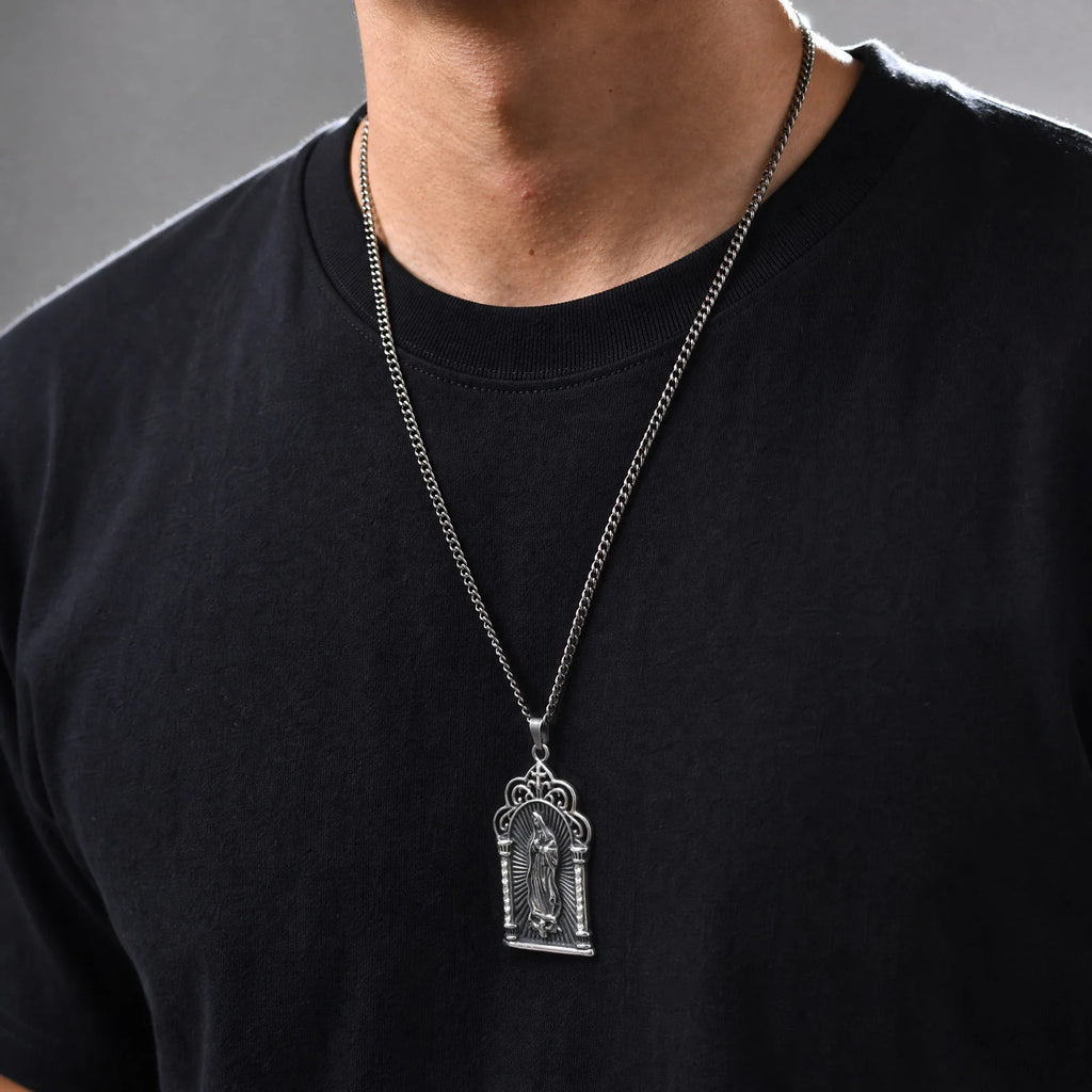 Men Stainless Steel Virgin Mary Pendant Necklace Retro Grey Clear CZ Crystal Gothic Church Religious Amulet for Daily Wear