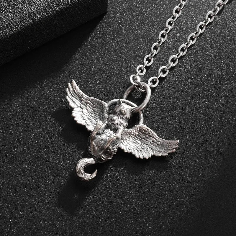 Cat Wings Animal Pendant Necklace — Silver