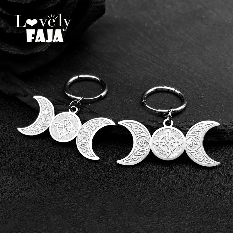 Celtic Steel Earrings Wicca Triple Moon Crescent