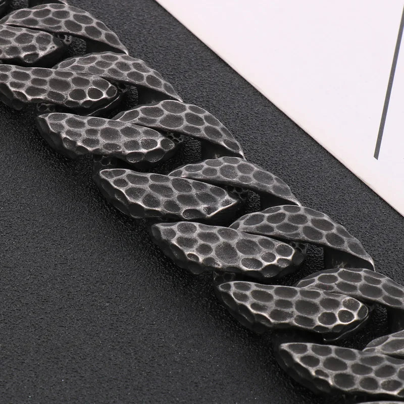 Heavy Curb Bracelet for Men Vintage Stainless Steel Foundry Tapping Pattern Cuban Chain Male Bangle Bracelets Jewelry