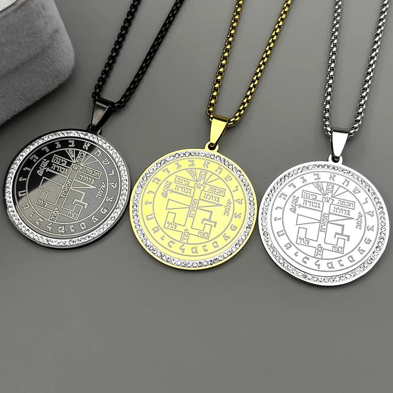 Key Gold Pendant Solomon Rhinestones Hebrew Symbols
