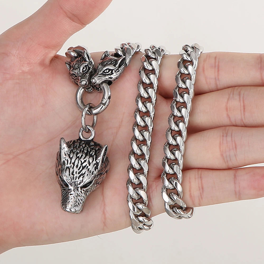 Curb Link Chain Men's Neck Necklaces for Man Gold Color Stainless Steel Wolf Head Man Pendant Necklace 65CM Long Viking