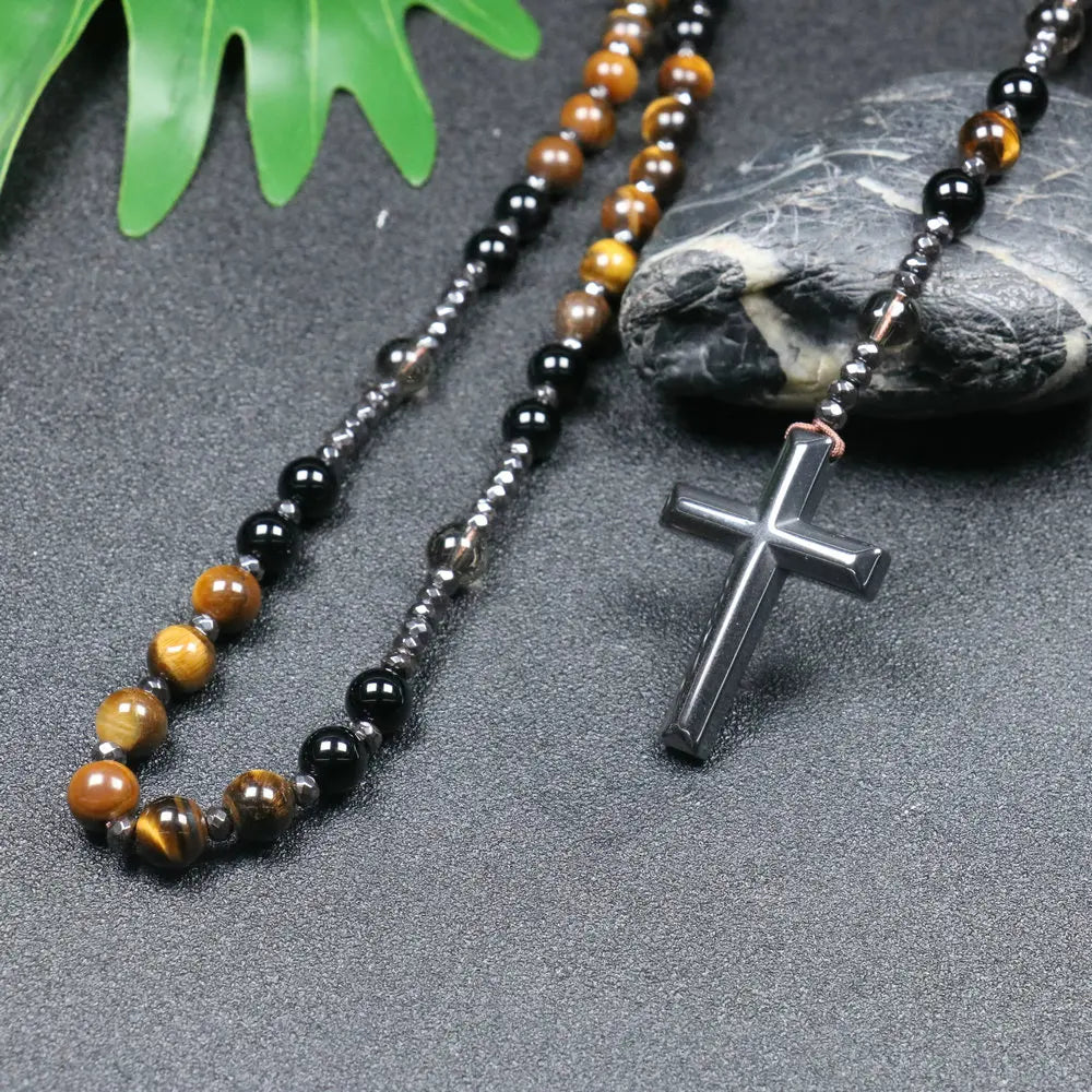 Rosary Necklace For Men Women 8mm Tiger Eye Black Obsidian Beads Necklace Christ Buddhist Meditation Cross Necklace Jewelry