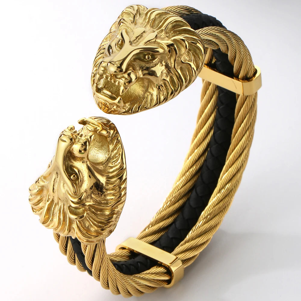 Gothic Elastic Double Lion Face Head Open Cuff Bangle Bracelet For Man Stainless Steel & Leather 12MM Twist Chain Mens