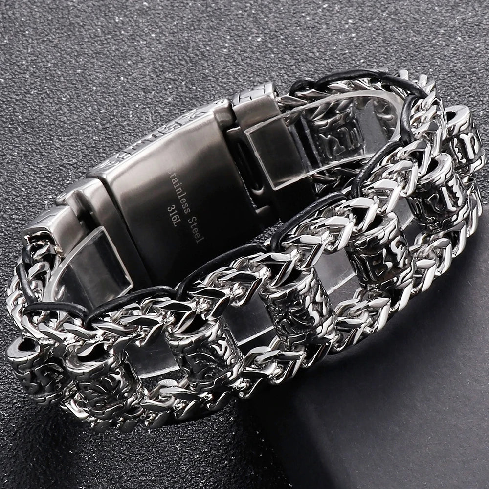 Religious Man Bracelet Stainless Steel 22MM Width Buddhist Scriptures Link Men's Bracelets Leather Wristband On Hand