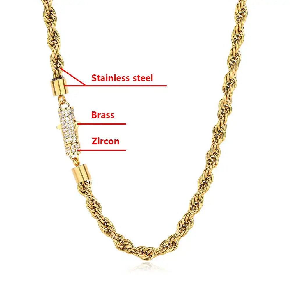 Iced Out Rope Chain Necklace Stainless Steel 6MM