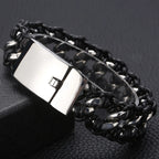 Men's 22MM Polished Stainless Steel Cuban Chain Bracelet for Men Braided Leather Wrap Bracelet Wristband Male Jewelry