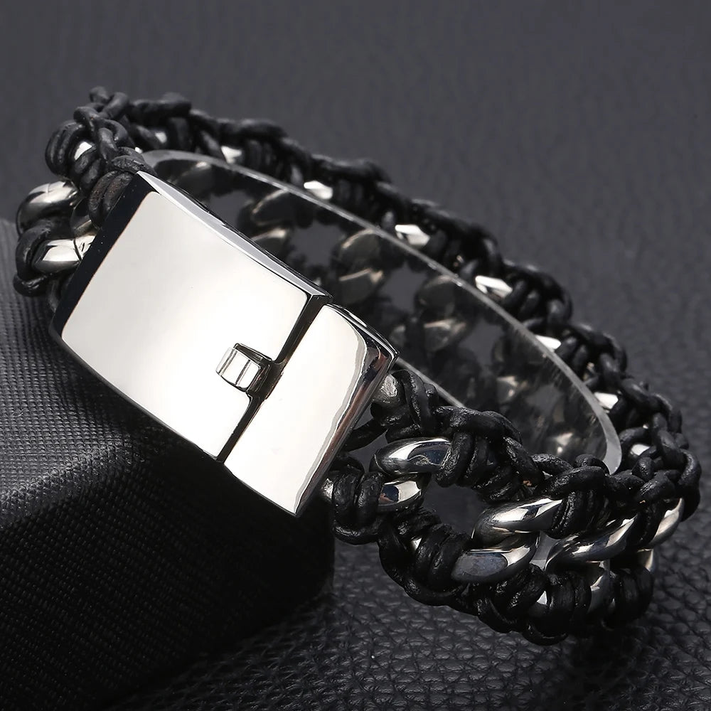 Men's 22MM Polished Stainless Steel Cuban Chain Bracelet for Men Braided Leather Wrap Bracelet Wristband Male Jewelry