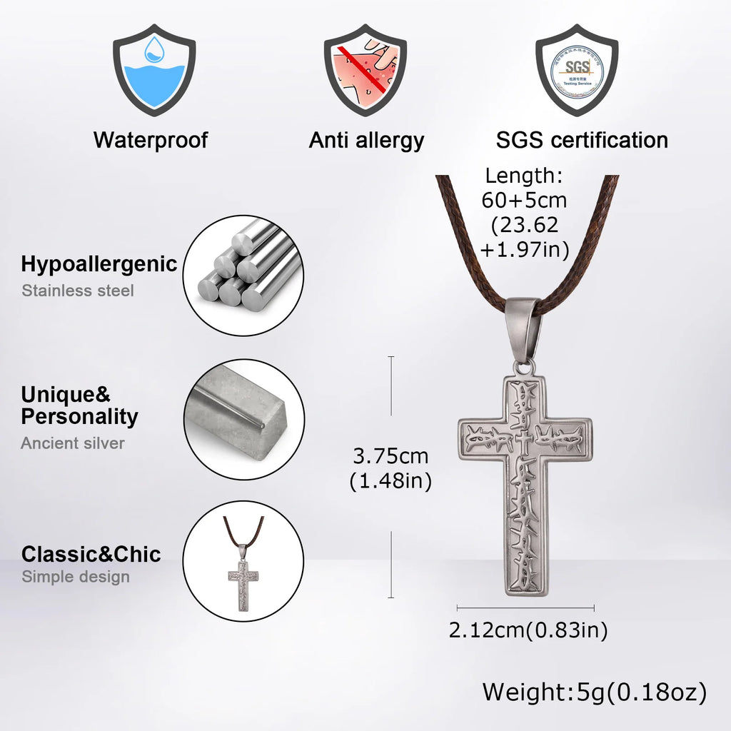 Vnox Men's Stainless Steel Thorn Crown Cross Pendant Necklace, Retro Brown Black Wax Rope Chain, Religious Jewelry