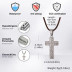 Vnox Men's Stainless Steel Thorn Crown Cross Pendant Necklace, Retro Brown Black Wax Rope Chain, Religious Jewelry