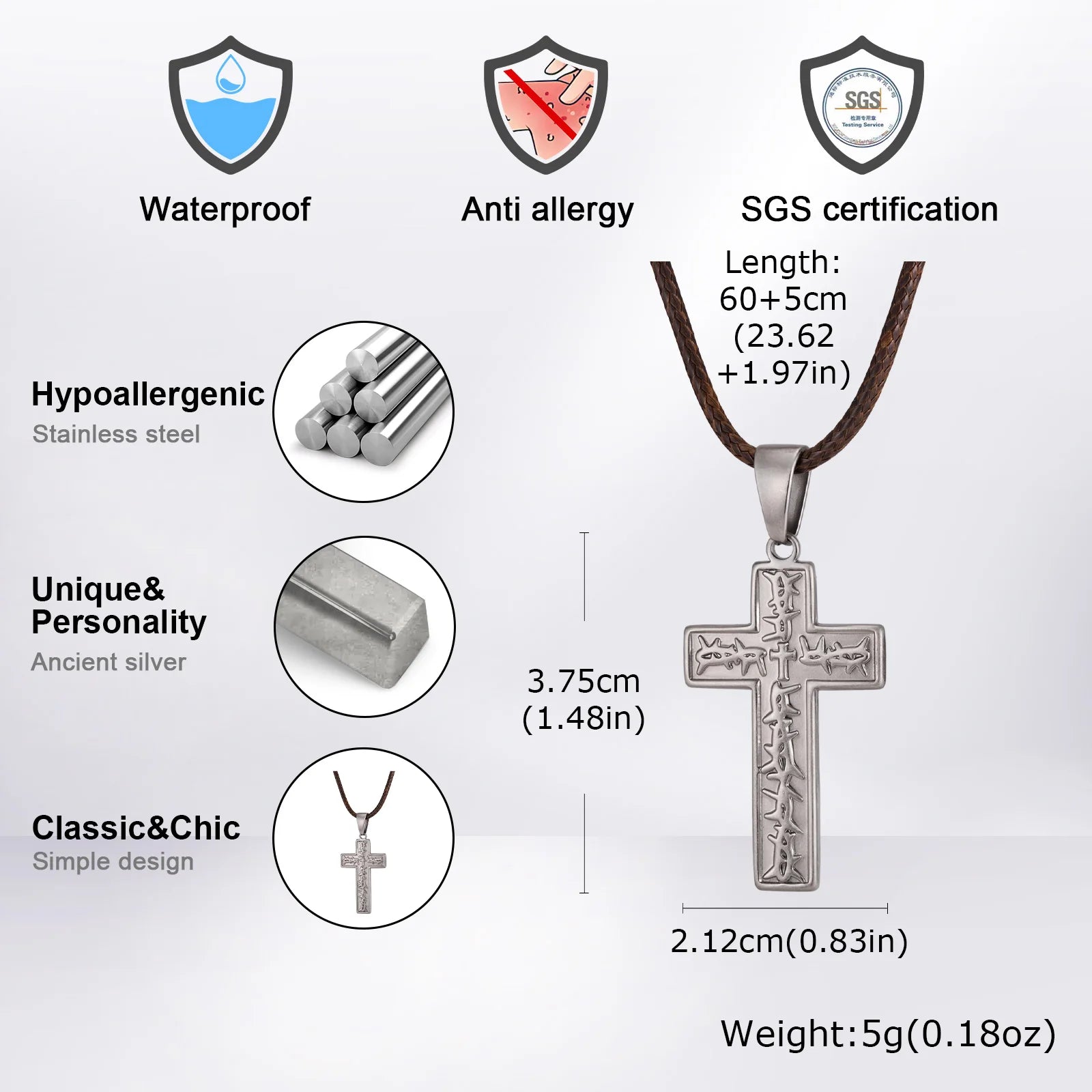 Vnox Men's Stainless Steel Thorn Crown Cross Pendant Necklace, Retro Brown Black Wax Rope Chain, Religious Jewelry