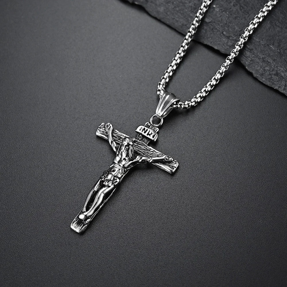 Vintage Stainless Steel Cross Jesus Necklace Pendant Men Women Religious Catholic Cross Necklace Chain Amulet Jewelry Gift