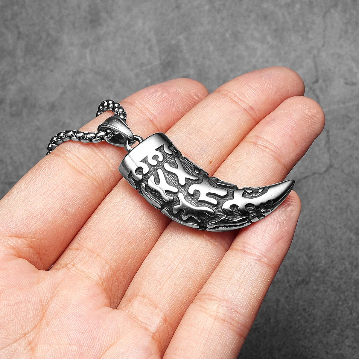 Viking Wolf Tooth Trophy Pendant Necklace — Stainless Steel