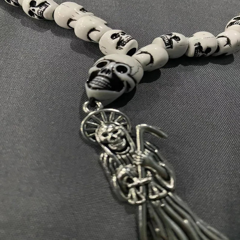 Santa Muerte Skull Rosary Necklace — Silver-Tone