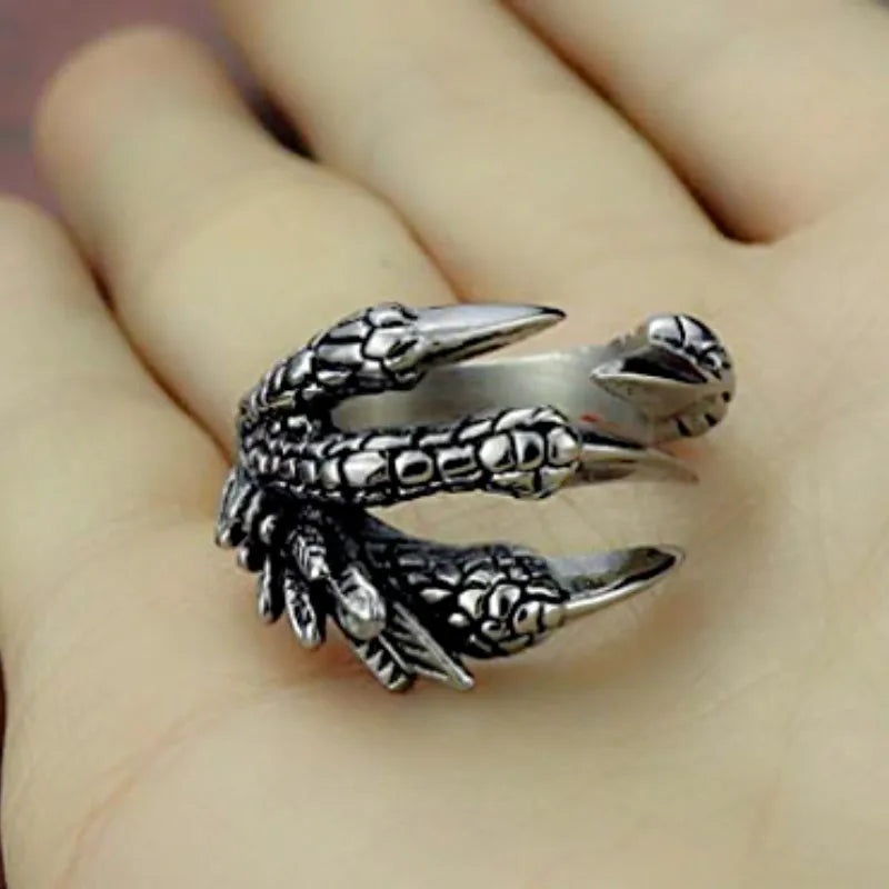 Stainless Steel Vintage Silver Dragon Claw Adjustable Opening Ring Tibetan silver Eagle Animal Rings for Men Women Punk