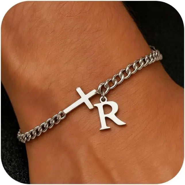 Men Cross Cuban Chain Bracelets for Men Initial A-Z Faith Cross Bracelets, Stainless Steel Initial Bracelet Religious