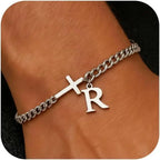 Men Cross Cuban Chain Bracelets for Men Initial A-Z Faith Cross Bracelets, Stainless Steel Initial Bracelet Religious