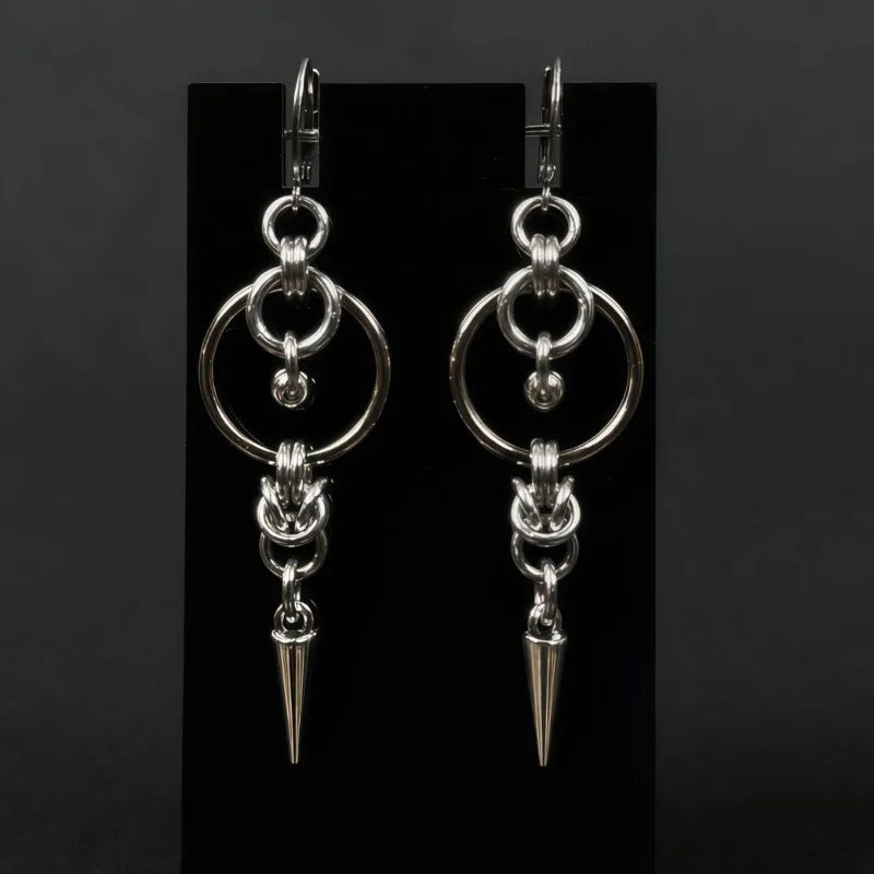 Silver-Tone Spike Rivet Tassel Double Circle Dangle Earrings
