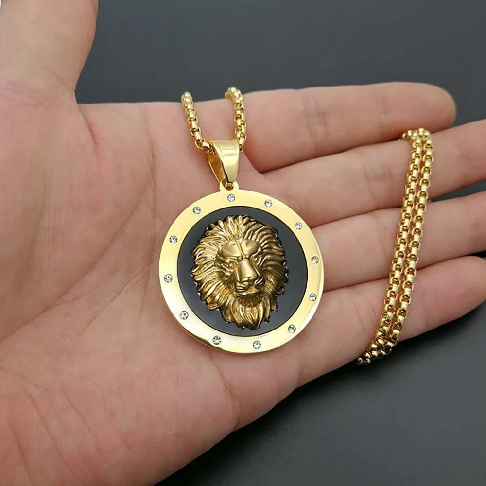 Punk Big Round Lion Head Pendant Male Gold Color Stainless Steel CZ Animal Necklaces For Men Fashion Party Jewelry Gift 2025