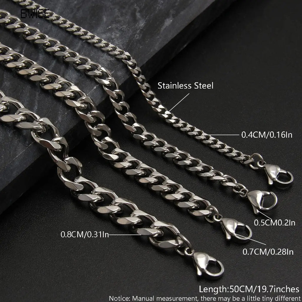 Bwise 1 piece Size 3.6mm-9mm Men's Necklace Stainless Steel Cuban Link Chain Bracelet Necklace Steel Color Male Jewelry