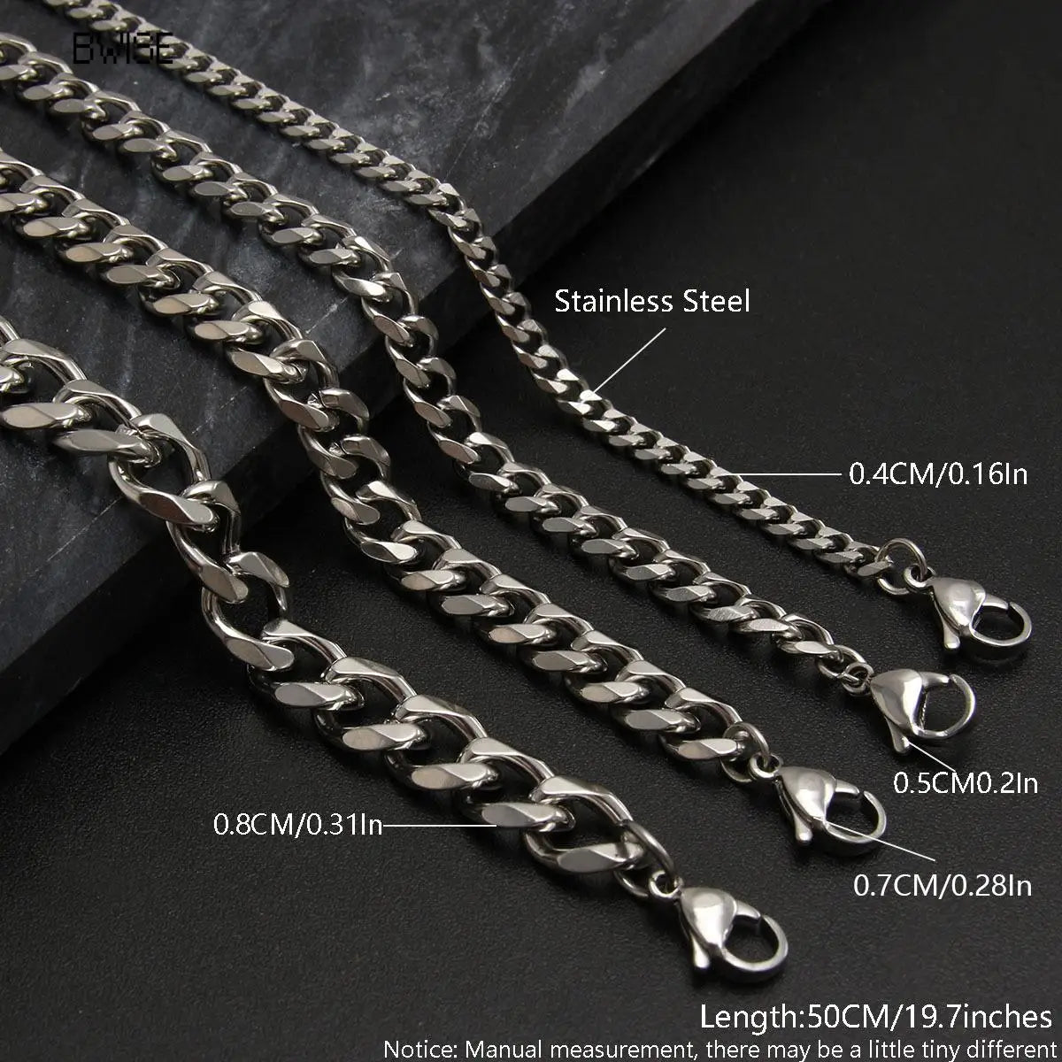 Bwise 1 piece Size 3.6mm-9mm Men's Necklace Stainless Steel Cuban Link Chain Bracelet Necklace Steel Color Male Jewelry