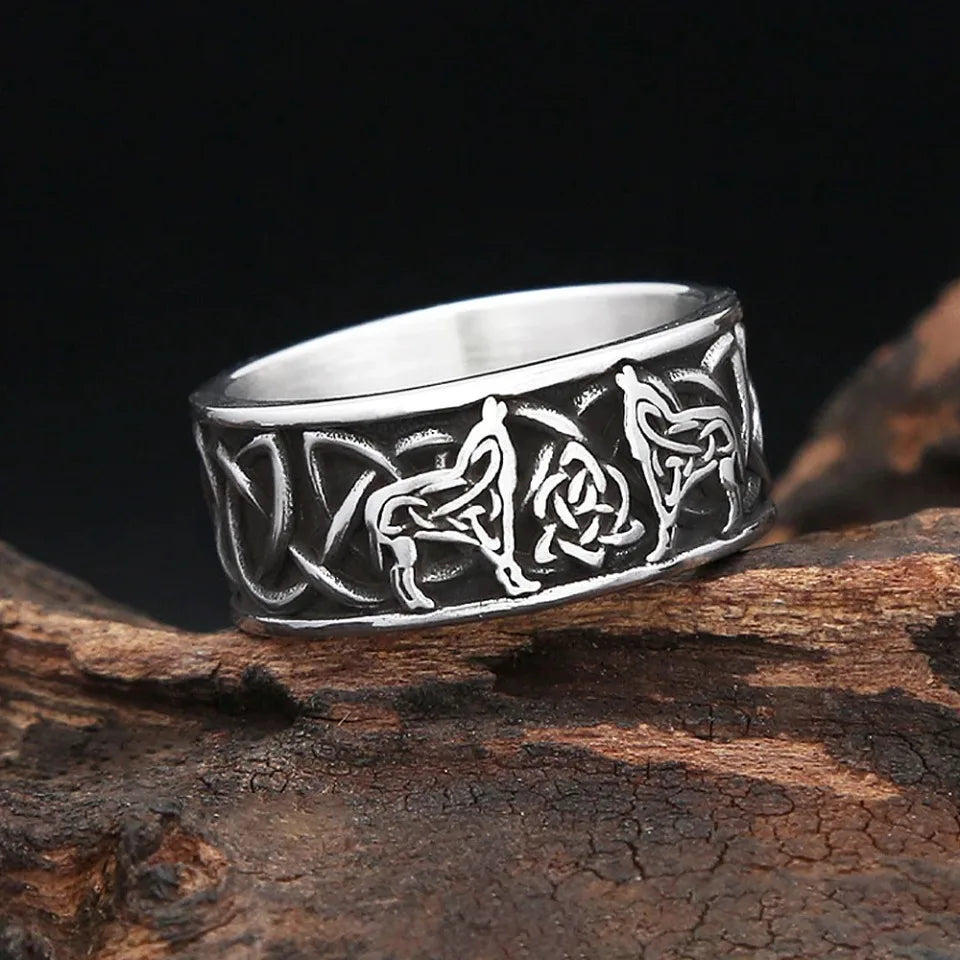 Wolf Odin Steel Ring Vintage Nordic Double Vikings