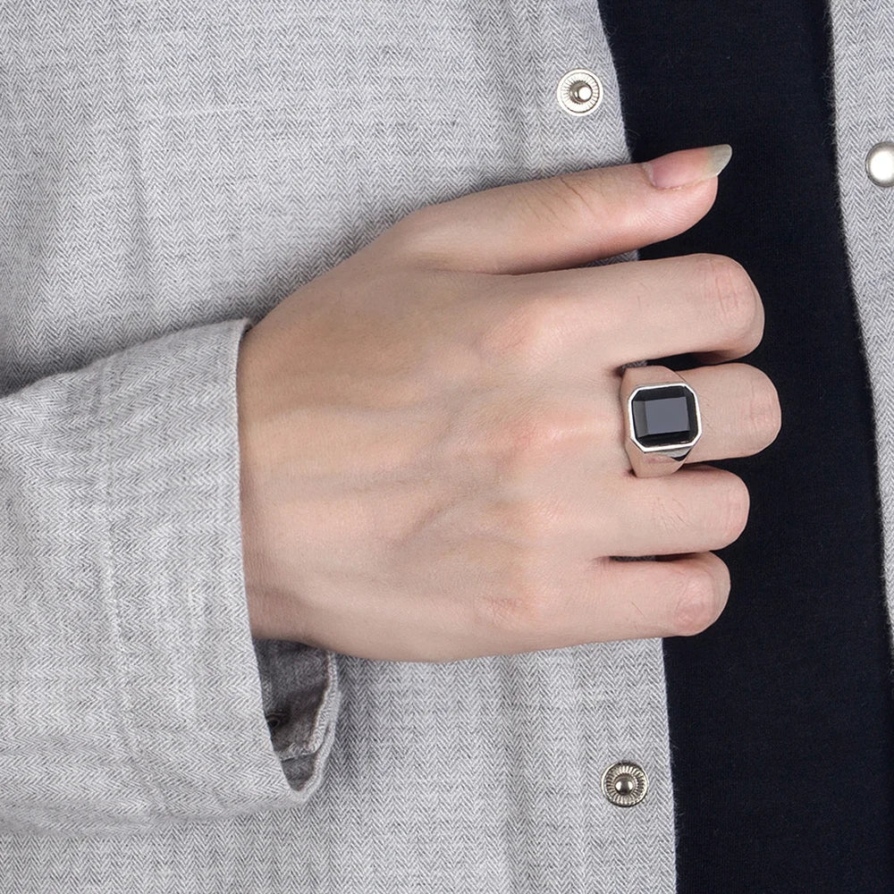100% 925 Sterling Silver Men Black Onyx Square Agate Signet Ring Woman Index Finger Ring Sizes 6 to 13 Band Boy Jewelry