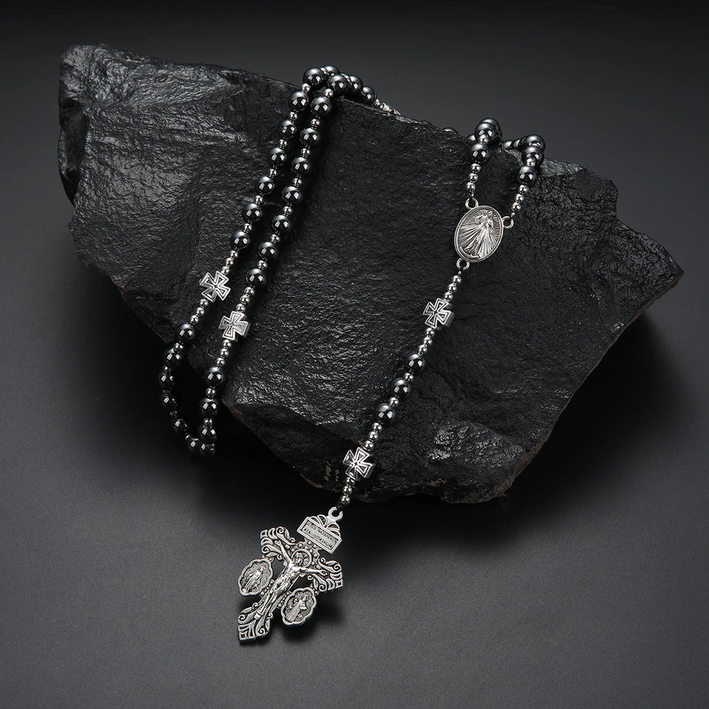 Black Hematite Cross Pendant Necklace — Zinc Alloy