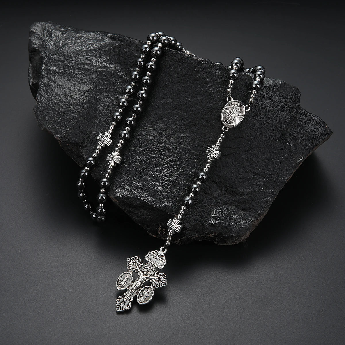 Black Hematite Cross Pendant Necklace — Zinc Alloy