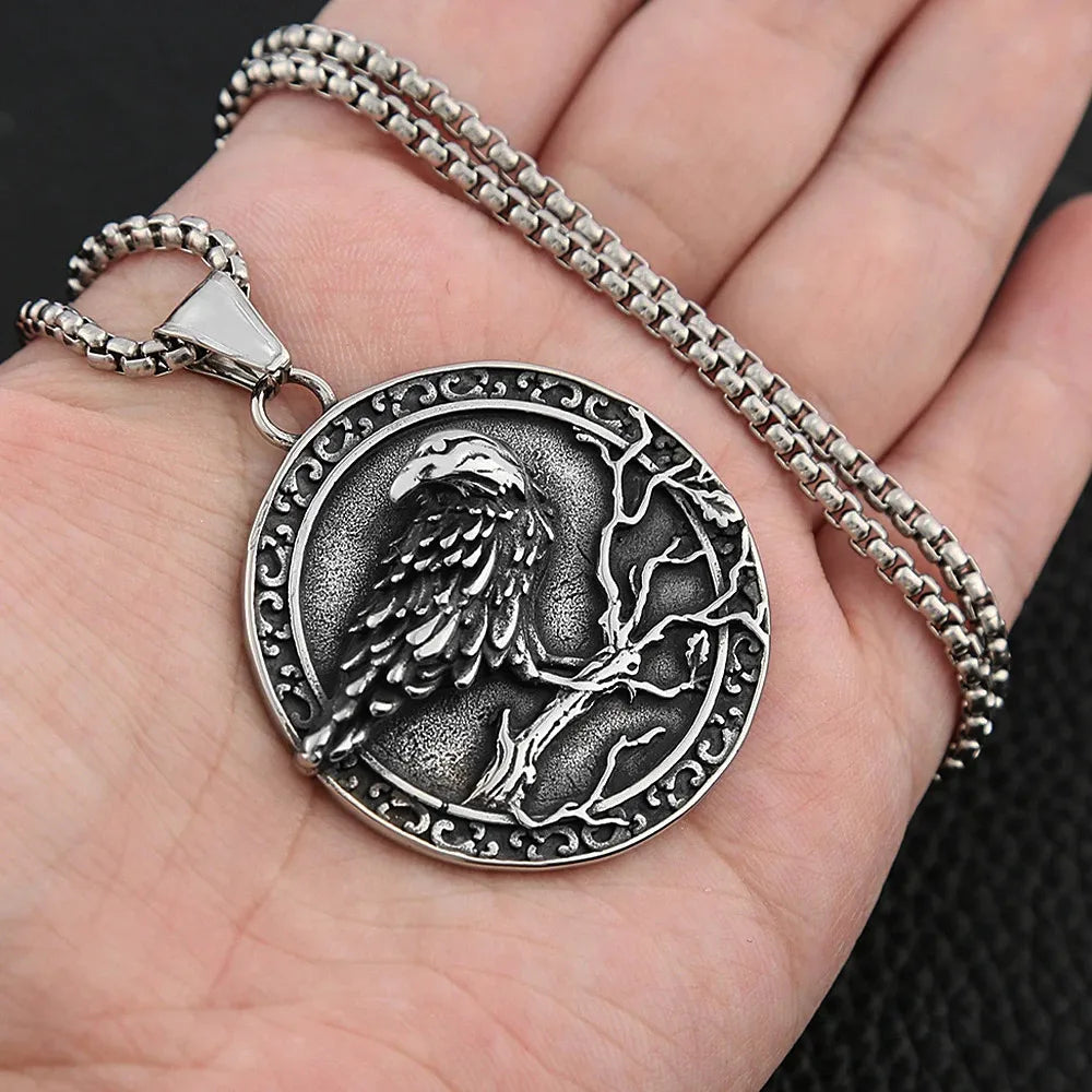 Viking Raven on Branch Tree of Life Necklace — Stainless Steel