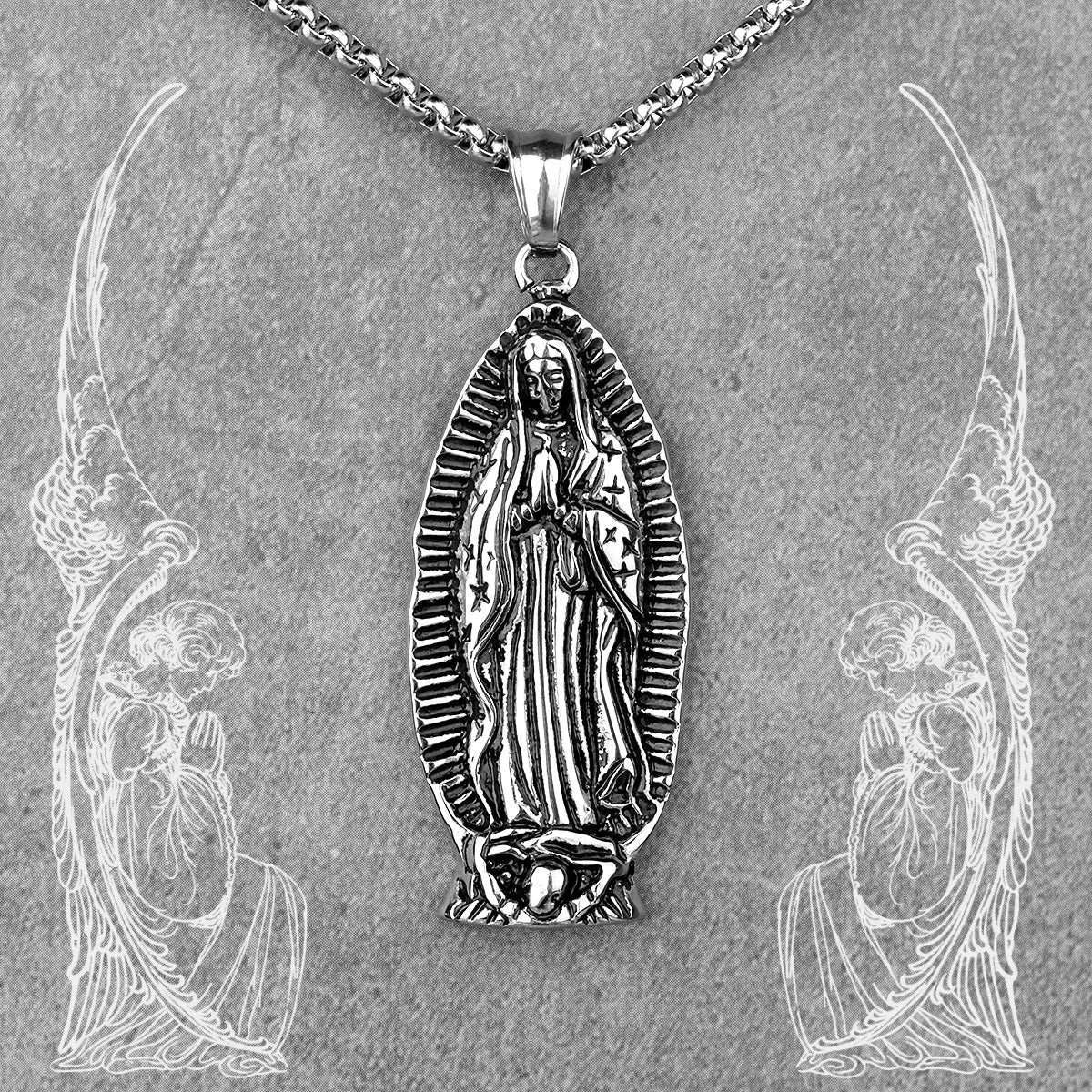 Virgin Mary Prayer Long Men Necklaces Pendants Chain Punk for Boyfriend Male Stainless Steel Jewelry Creativity Gift