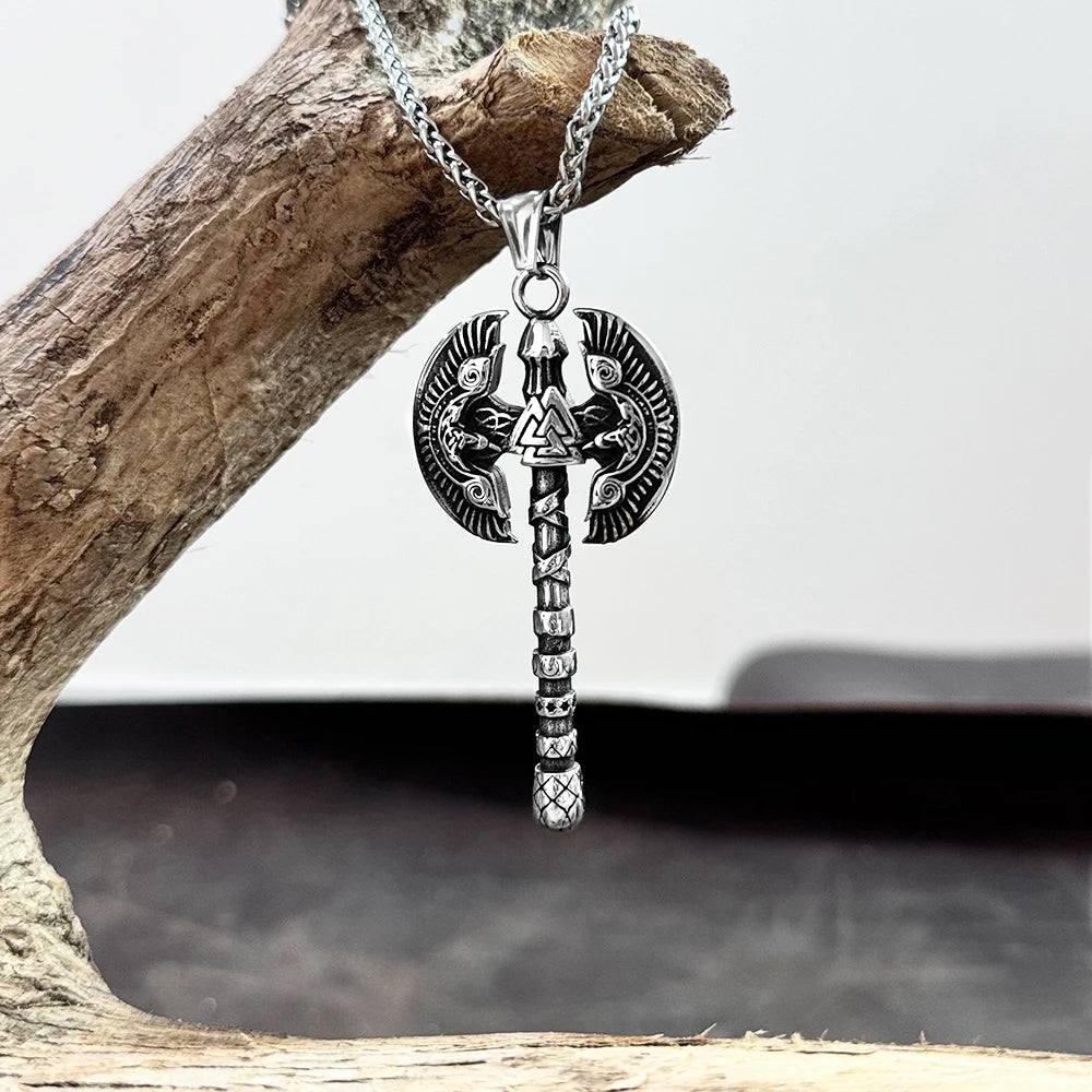 Norse Runes Odin's Raven Giant Axes Necklaces Men Stainless Steel Vikings Valknut Amulet Pendant Scandinavian Jewelry Male Gifts