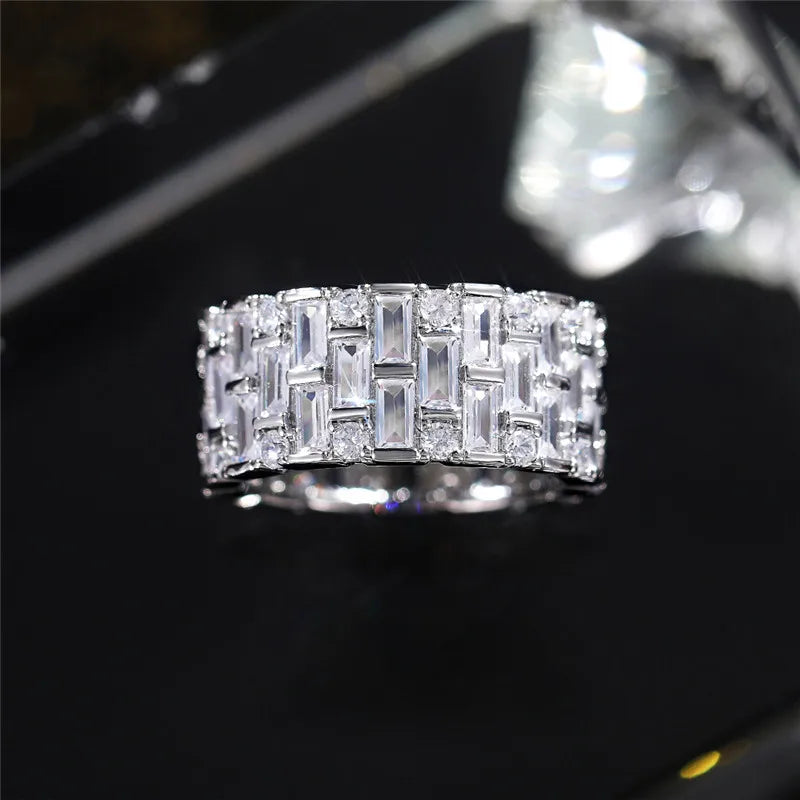 Geometric CZ Wedding Ring for Women — Silver-Tone Band