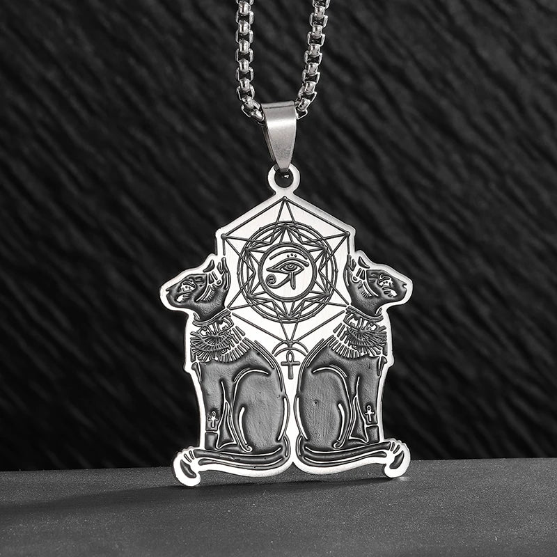 Eye of Horus Moon Goddess Bastet Stainless Steel Necklace for Men Women Mystical Ancient Egyptian Amulet Jewelry Gift