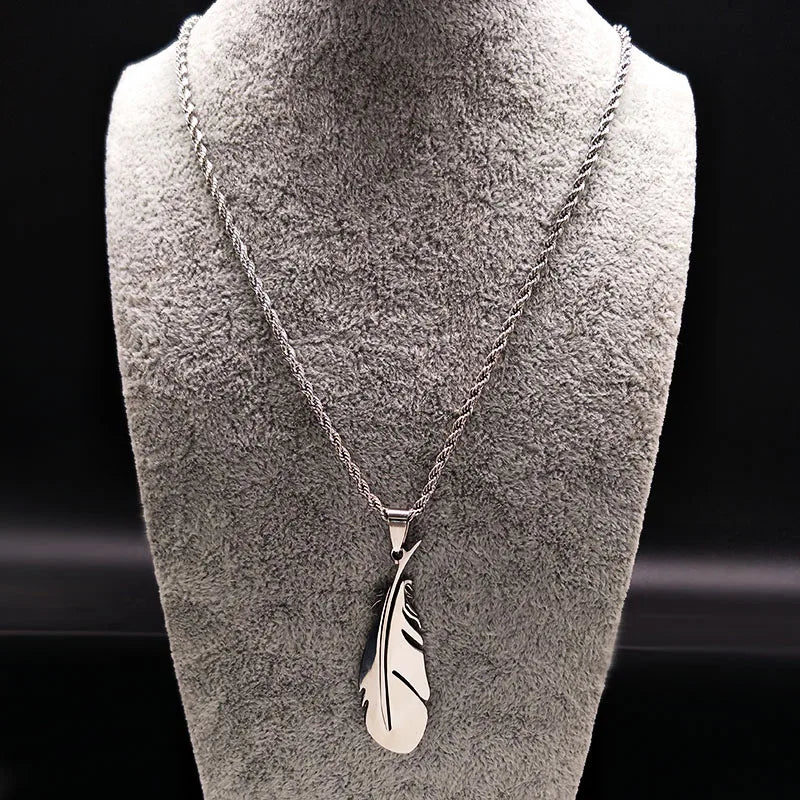 Feather Pendant Rope Chain Necklace Long — Stainless Steel