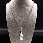 Feather Pendant Rope Chain Necklace Long — Stainless Steel