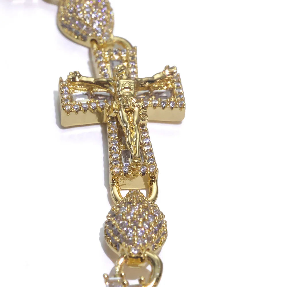 Cross Iced Out Rosary Chain Necklace Stainless Steel