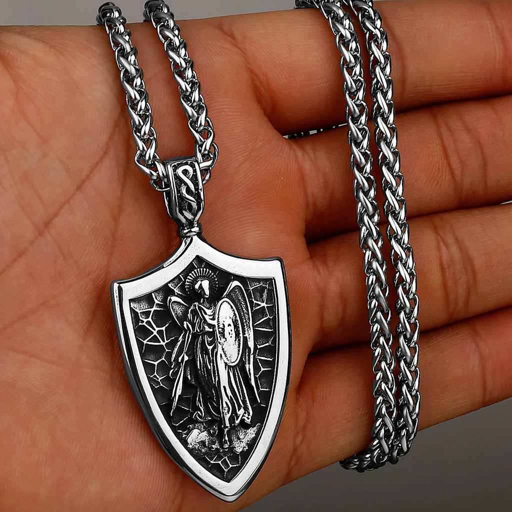 Angel Shield Fashion Archangel Michael Amulet Stainless Steel Pendant Cross Wing Pendant Necklace Gift Wholesale