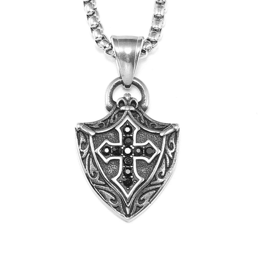 Cross Shield Gemstone Pendant — Stainless Steel