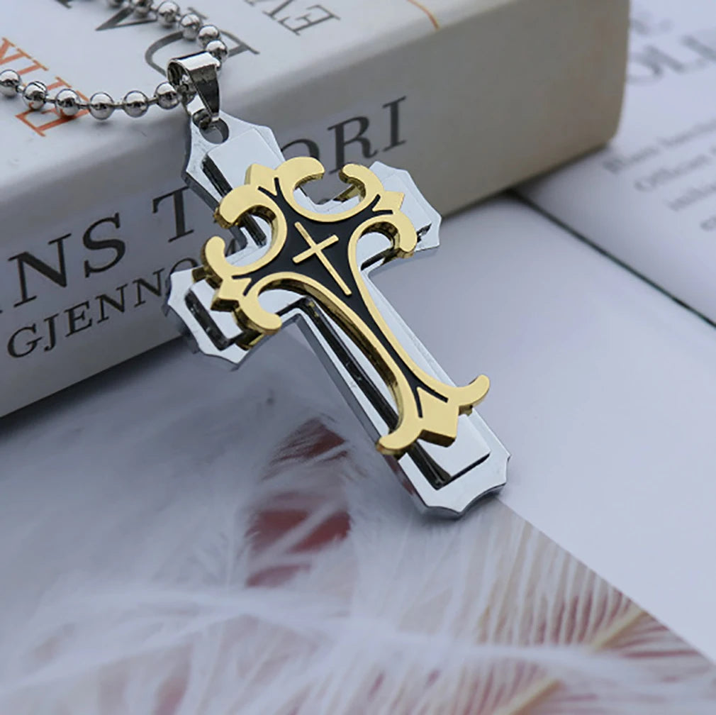 Necklace For Men 2024 New Titanium Steel Three-layer Cross Pendant Ball Chain Fresh Sweet Fashion Necklace