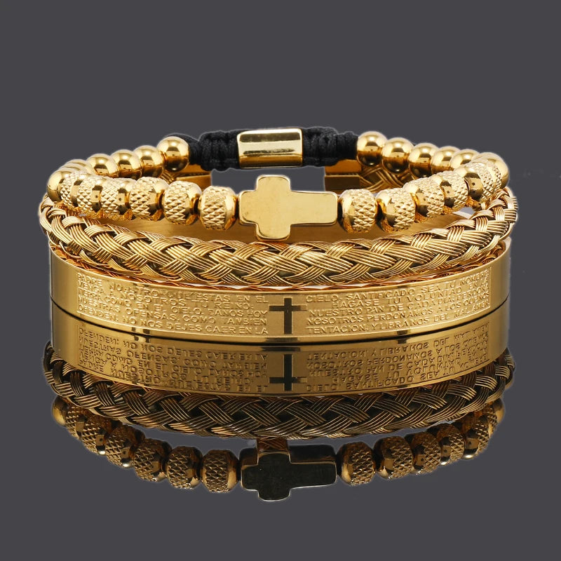 Spanish Scripture Cross Beaded Bracelet Set — Stainless Steel