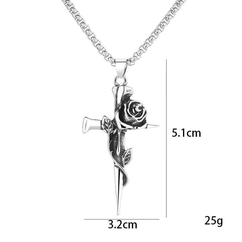 Hip Hop Retro Rose Cross Titanium Steel Men's Necklace Vintage Alloy Steel Accessory Pendant Necklace Gifts