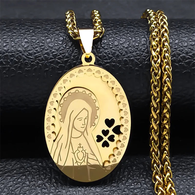 Double Layer Stainless Steel Virgin Mary Medal Pendant Necklace Women/Men Gold Color Long Chain Necklaces Jewelry