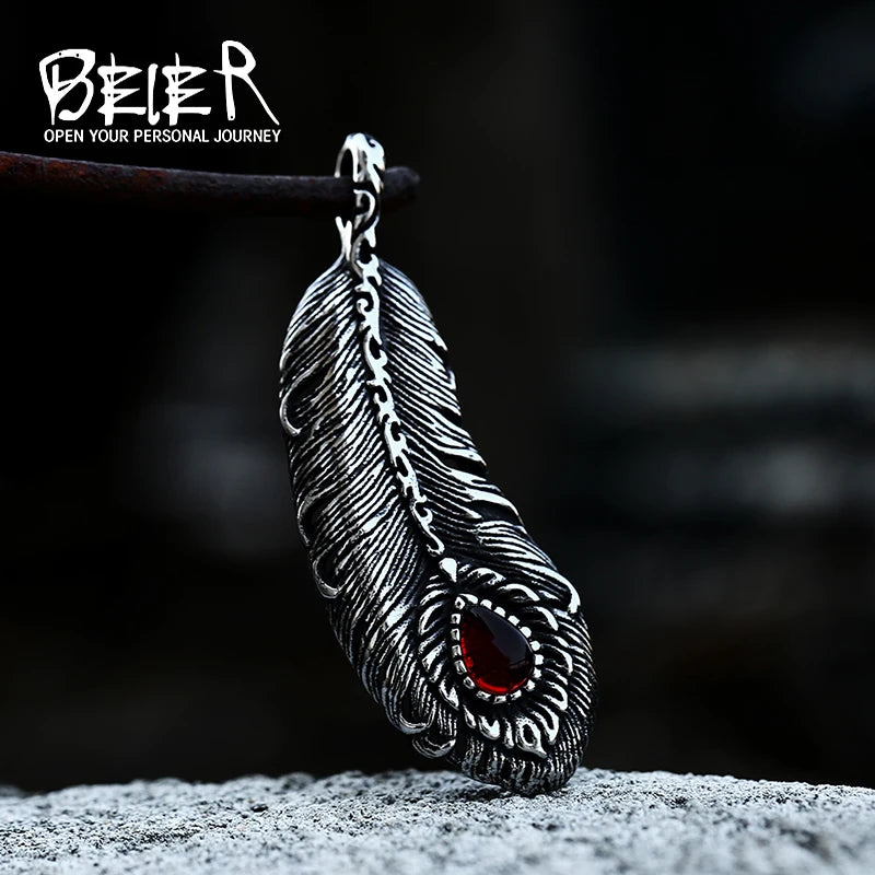Iced Out Fire Feather Stainless Steel Pendant Necklace