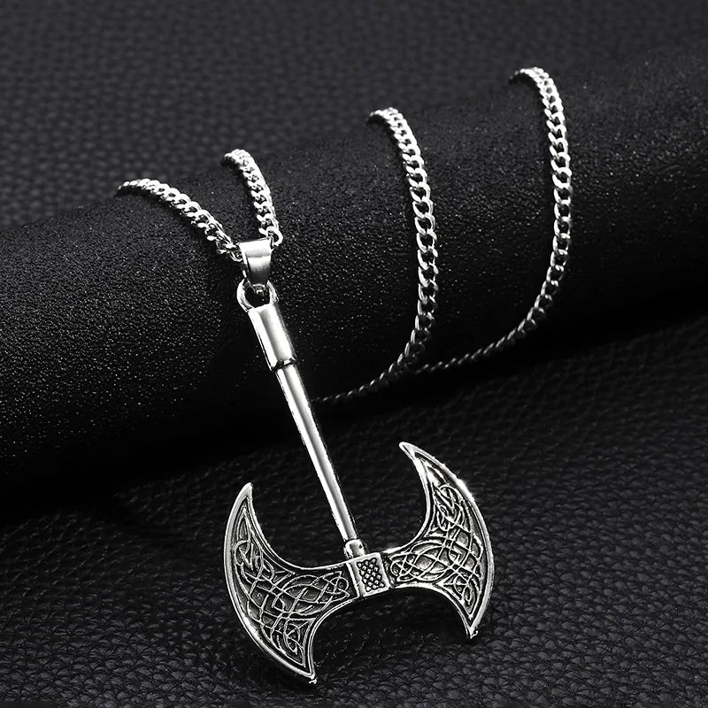 Men's Viking Axe Pendant Necklace Silver Tone Alloy Celtic Pattern Link Chain Retro Nordic Style Fashion Jewelry Accessory