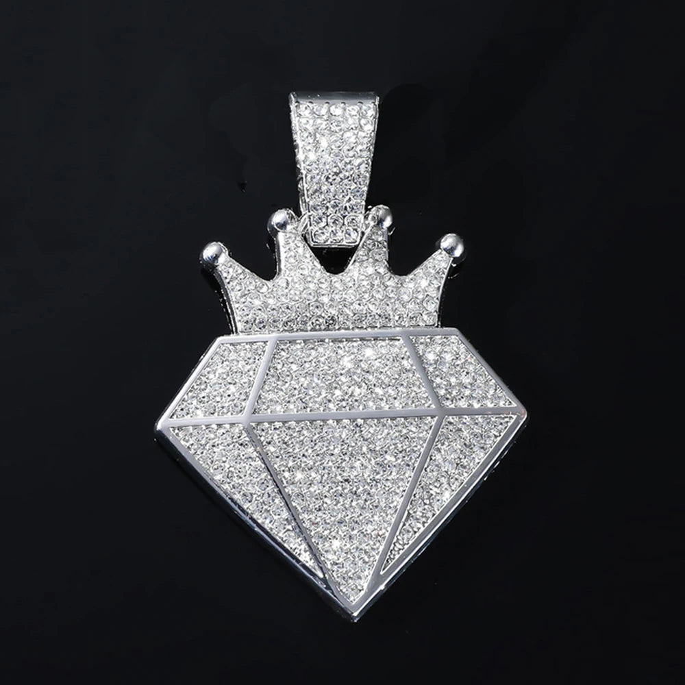 Hip Hop Iced Out Crown Pendant Necklace With 13mm Rhinestone Cuban Chain Bling Necklaces Men Women Fashion Charm